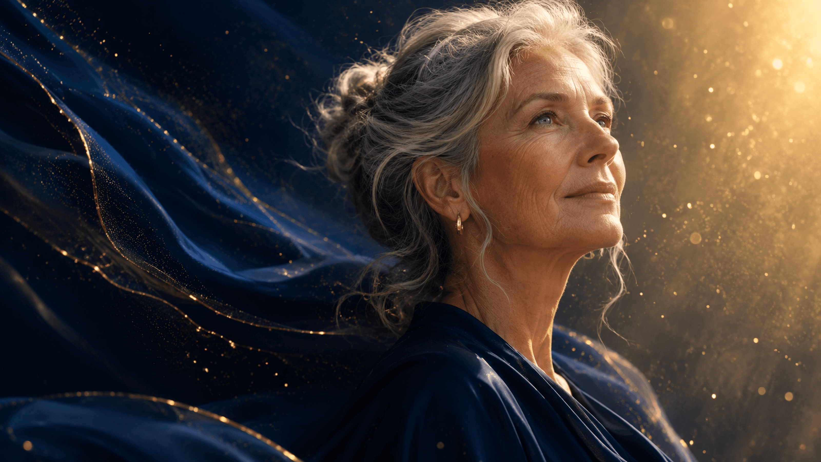 A mature silver-haired woman in deep navy silk, gazing toward a warm golden light — earned serenity.