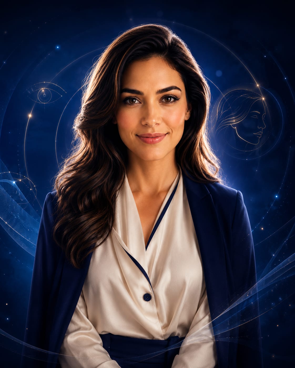 Iris, a concierge de IA que acolhe — retrato vertical de uma mulher em traje social, com íris e constelação luminosas ao fundo.