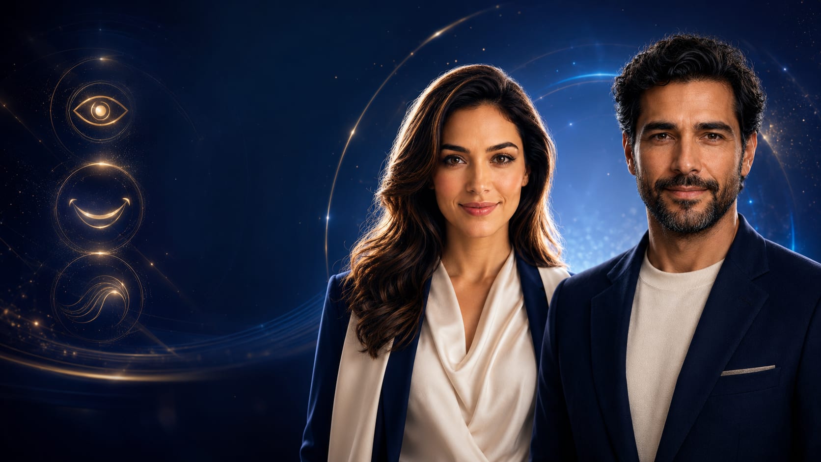 Iris e Lux, as concierges de inteligência artificial do Olhar™, lado a lado em traje social elegante, sobre fundo azul-marinho com ícones dourados de olhos, sorriso e cabelo. Orientam sem substituir o especialista.