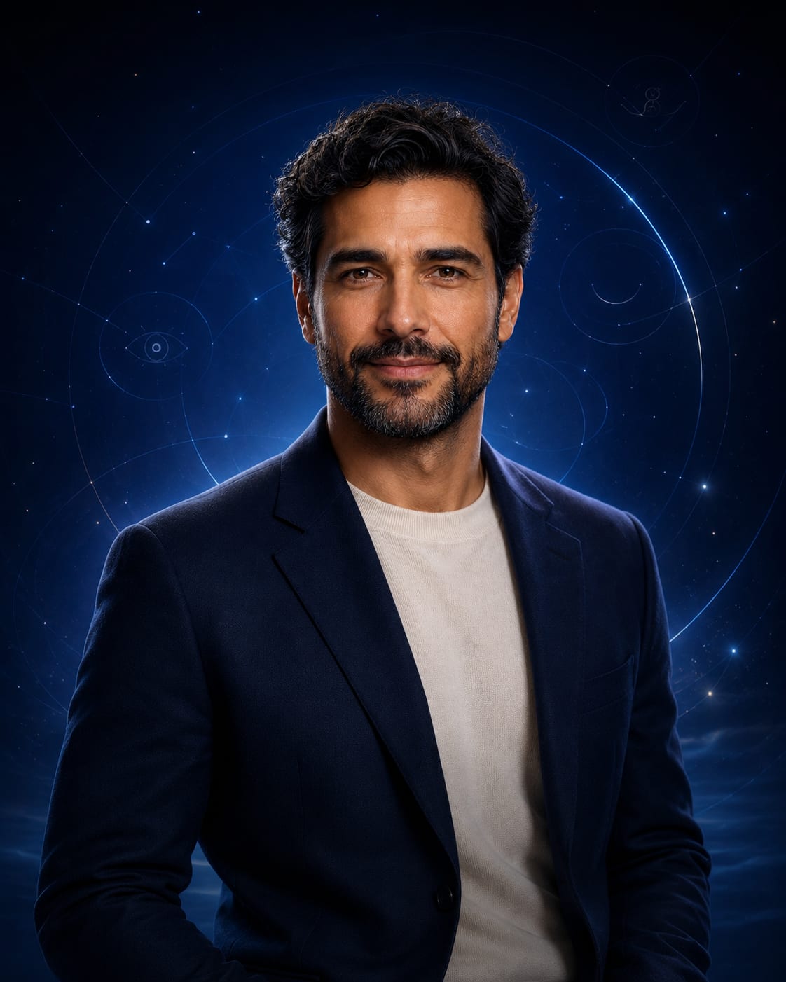 Lux, a concierge de IA que ilumina — retrato vertical de um homem em traje social, com constelação luminosa ao fundo.