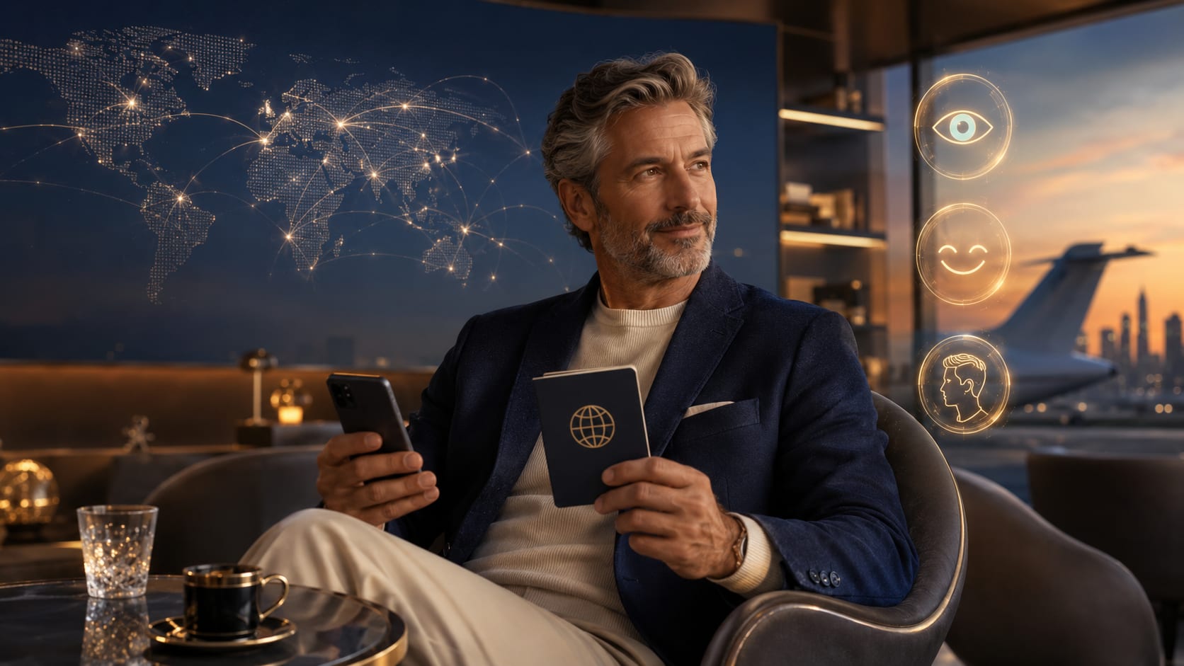 Hombre elegante de mediana edad en un lounge premium de aeropuerto, sosteniendo un pasaporte y un smartphone, con un mapamundi luminoso que conecta países al fondo e iconos dorados de ojos, sonrisa y cabello.