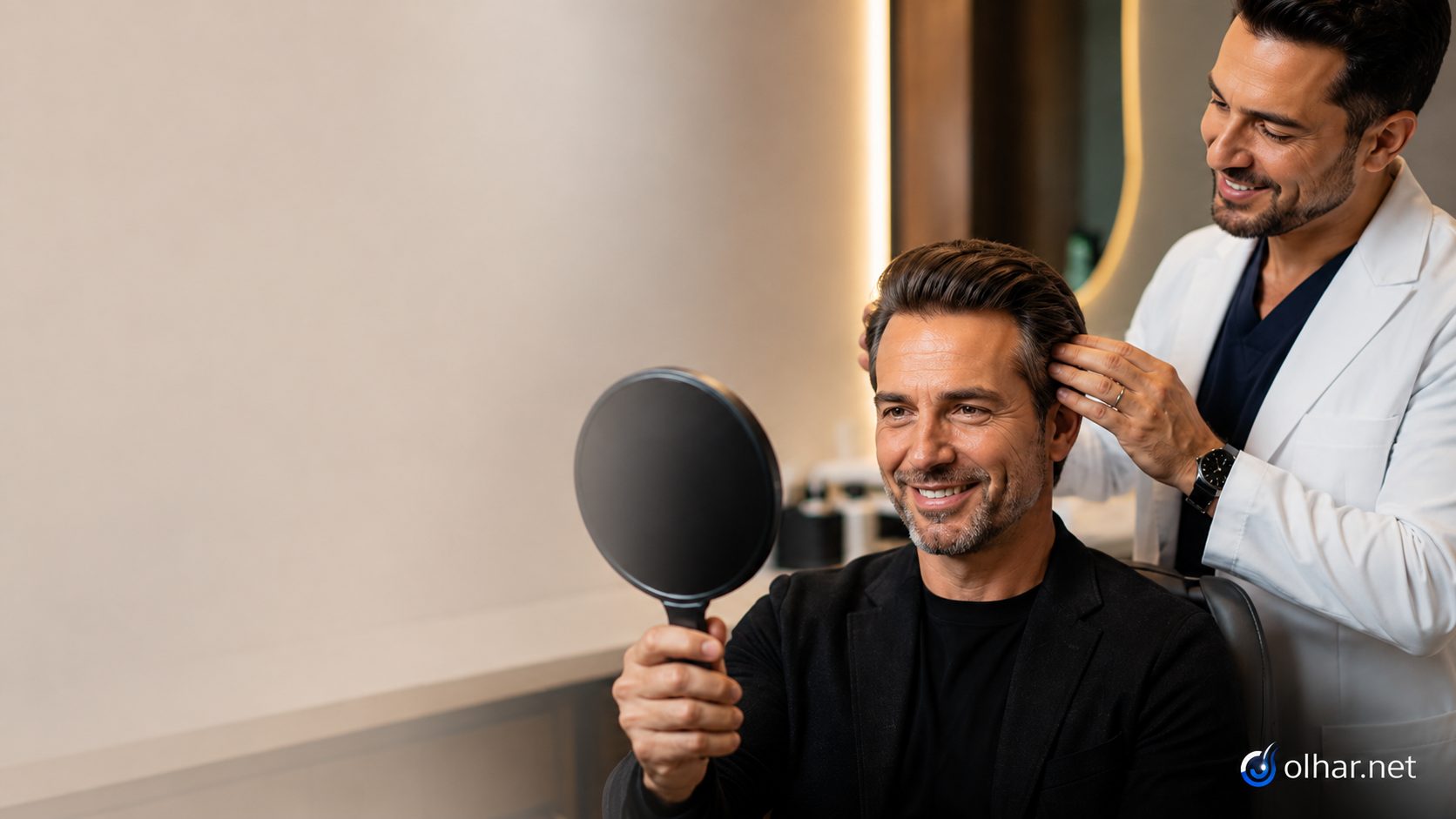 Satisfied man during a hair-transplant consultation.