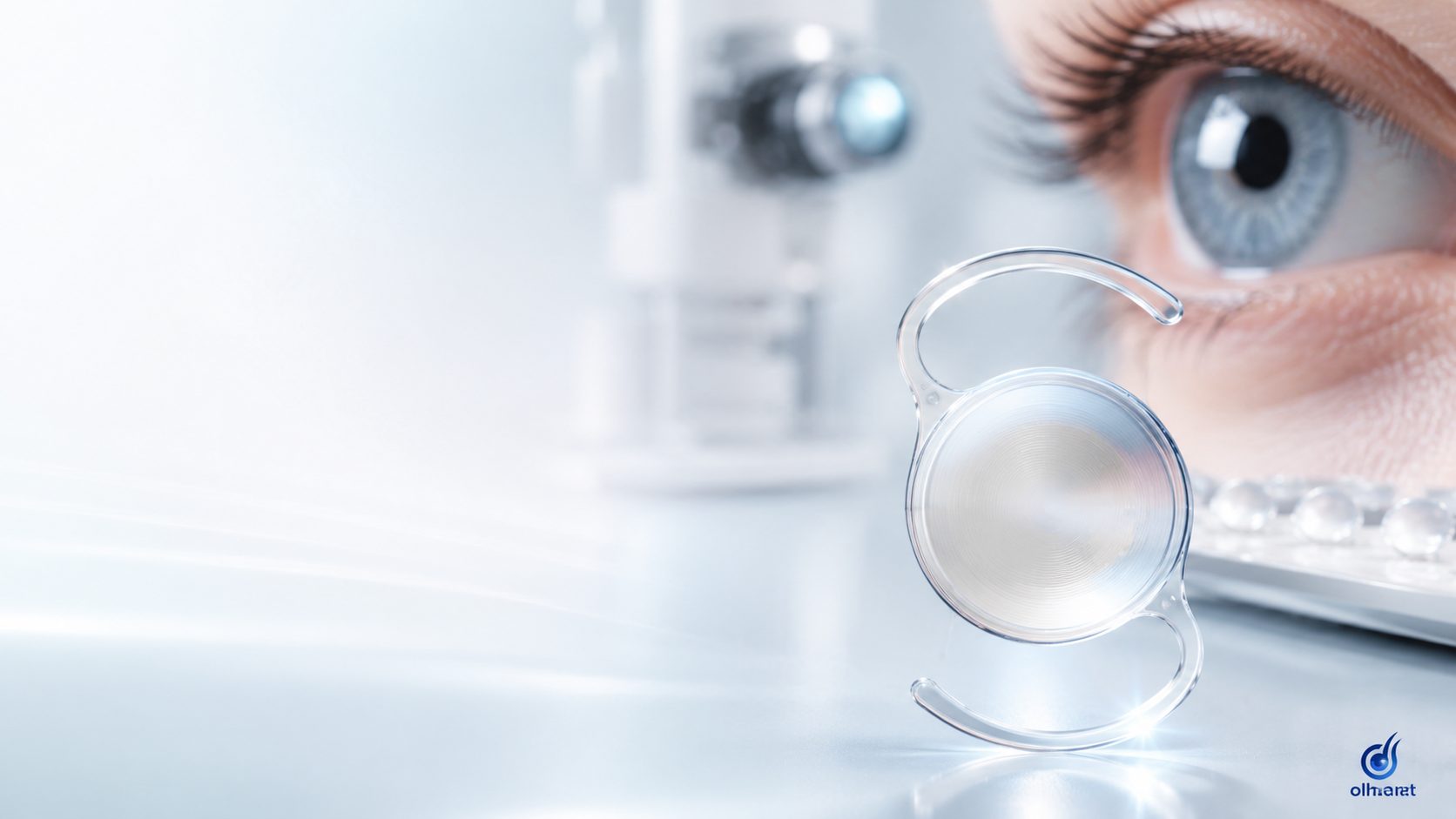 Intraocular lens in focus with an eye in the background, optical-technology concept.